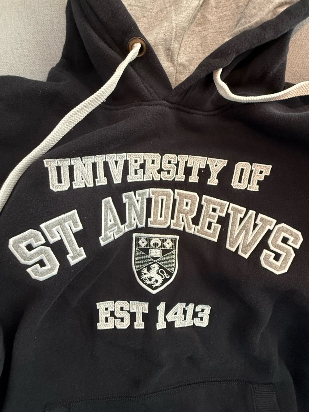 St Andrews University Official Merch Pullover Hoodie - Gray/White Lettering, NEW